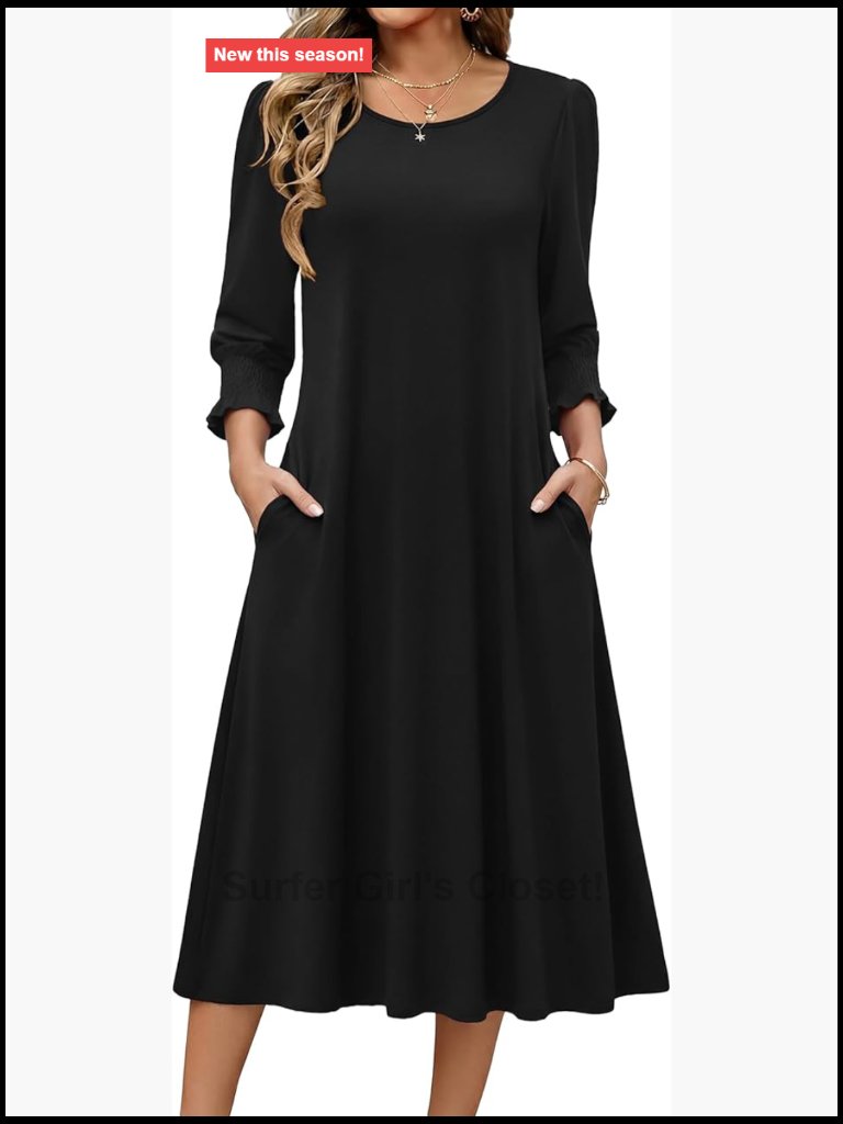 3/4 Sleeve Floral Midi Dress With Pockets Crew Neck A-Line